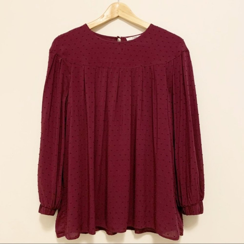 NEW Q&A Flowy Burgundy Dot Blouse Wine Red Small